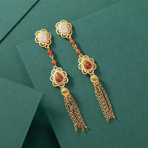 

Ancient Gold Bag Sterling Silver Retro Face Slimming Cheongsam Accessories Earrings South Red Temperamental Tassels All-Match Ha