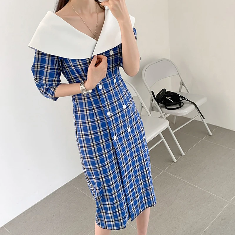 LANMREM клетчатое женское платье с отворотом коротким рукавом двубортное талией