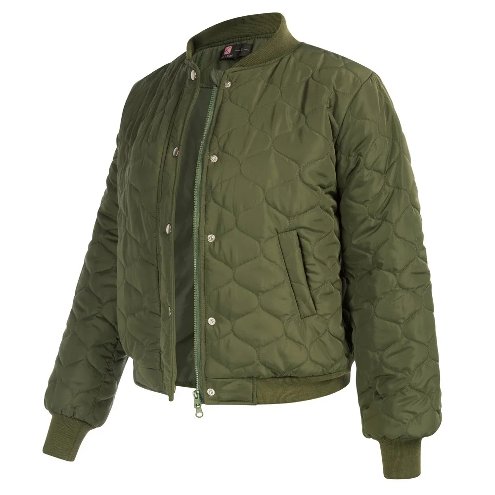 

KK Women Padded Bomber Jacket Long Sleeve Stand Collar Zip-up Flight Jacket Zipper Fastening Front With Snap-buttons