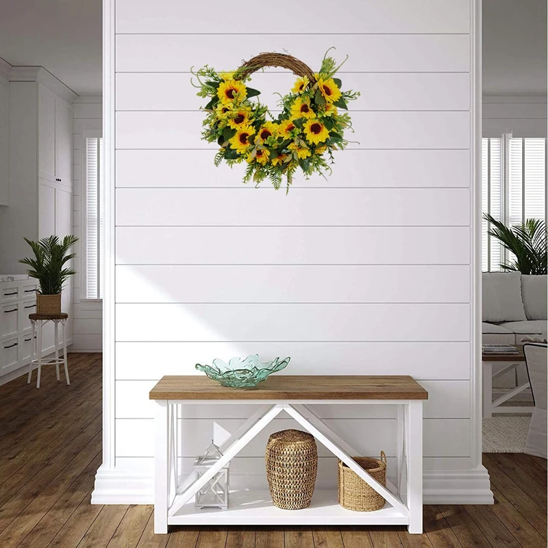 

Artificial Sunflower Wreath with Green Leaves for Front Door Wall Window Wedding Party Farmhouse Garden Home Decor