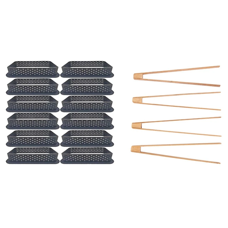 

12Pcs Diy Cake Mold Tart Mold Ring Mousse Circle Cutter & 4 Pcs 12 Inch Toast Tongs, Reusable, Wooden Kitchen Tongs