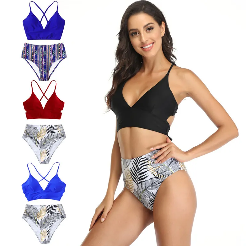 

2021Sexy Tie Up Women Swimwear Swimsuit Bikini High WaistLeaves Printing Eye-Catching Coloful Bathing Beach 2Pieces Beauty Gift