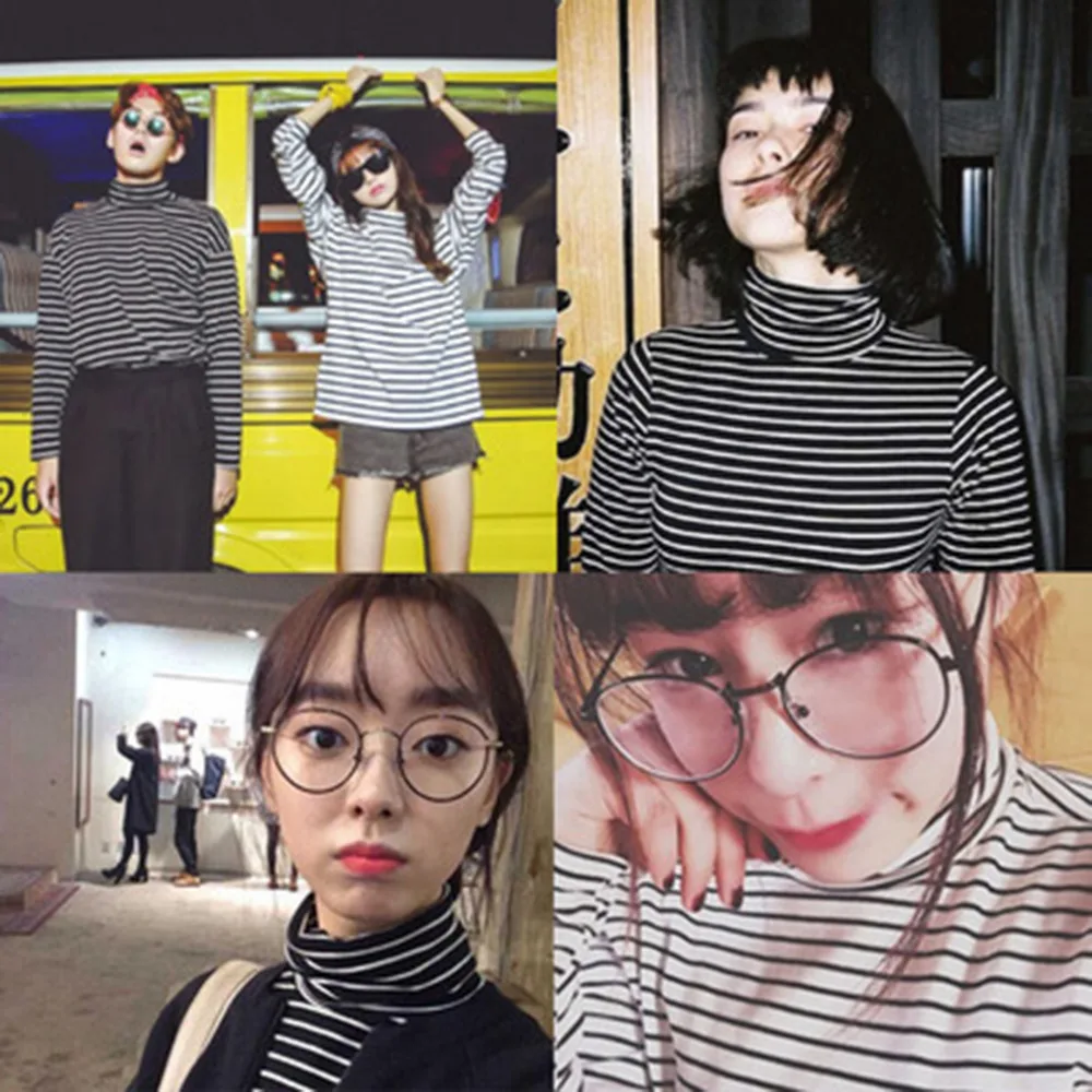 

Korean Harajuku Striped Turtleneck T-shirt For Women Tee Shirts Woman 2020 Spring Long Sleeve T-shirts Casual Tops