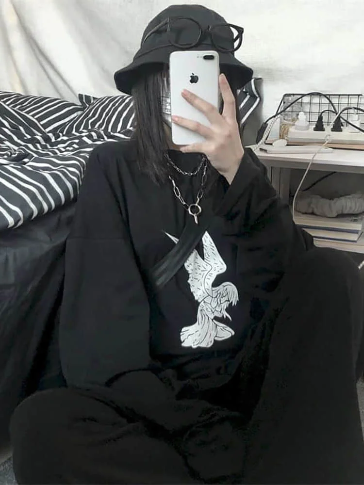 

New Spring Auntumn Harajuku T-shirt Women Tops Print Angle Vintage Loose Long Sleeves Gothic Tee Shirts Female Streetwears