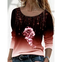 casual woman long sleeve tee shirts autumn rose print round neck basic tops plus size gradient color fashion t shirts female