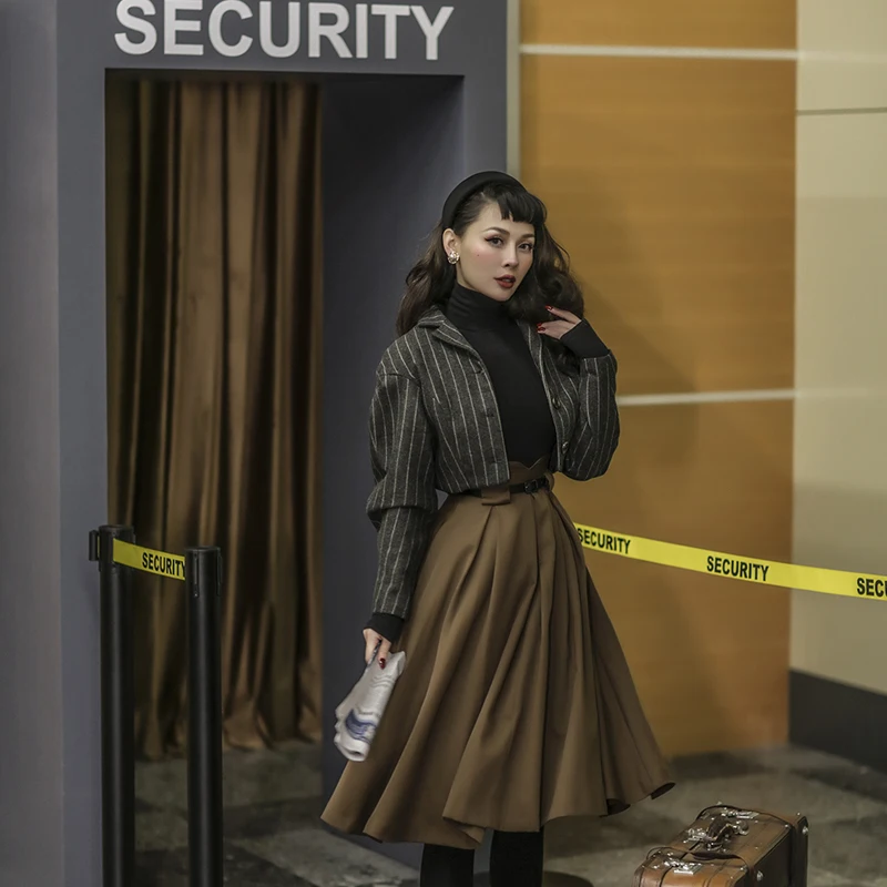 Винтажная осенне зимняя коричневая юбка до колена с высокой талией и