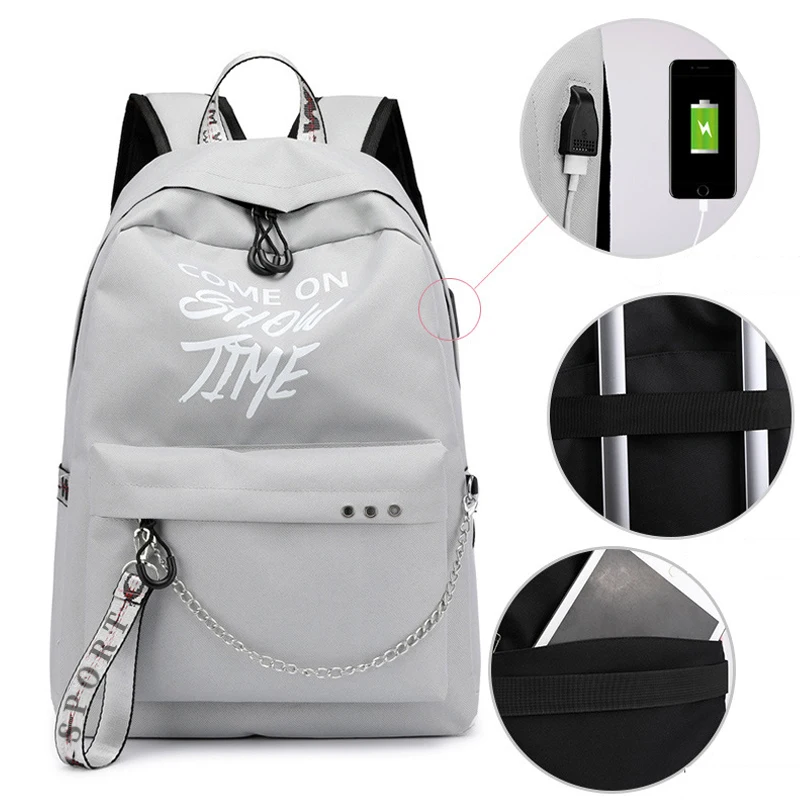 gray Winmax, светящийся женский рюкзак с USB зарядкой, модный школьный рюкзак с буквенным принтом, рюкзак с лентами для девочек-подростков, Mochila Sac A Dos - Цвет: gray