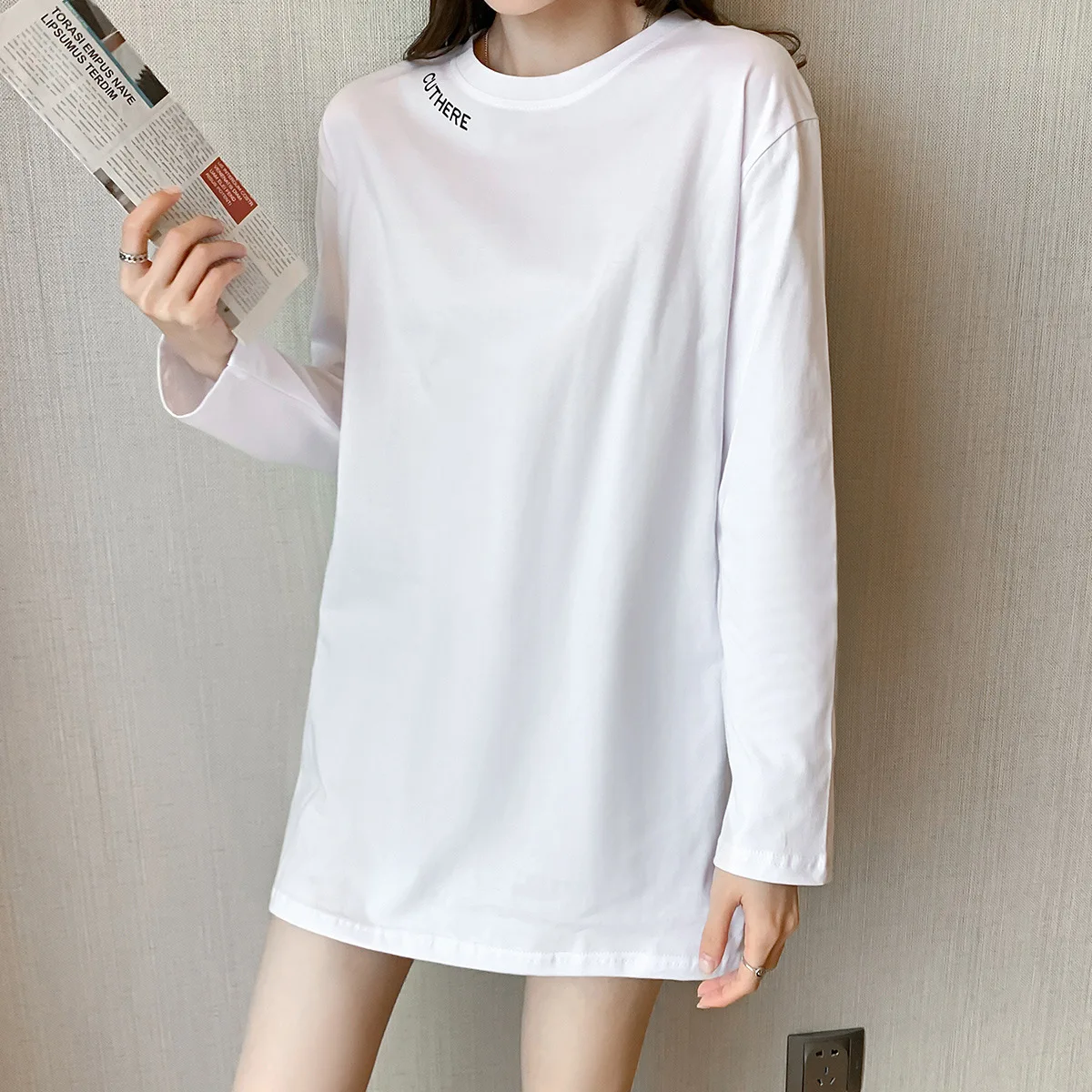 

Fashion Women's Loose Plus Size T-shirt Casual Round Neck Solid Color Stitching Long Sleeve Oversized T-shirt Crop Top Donsignet