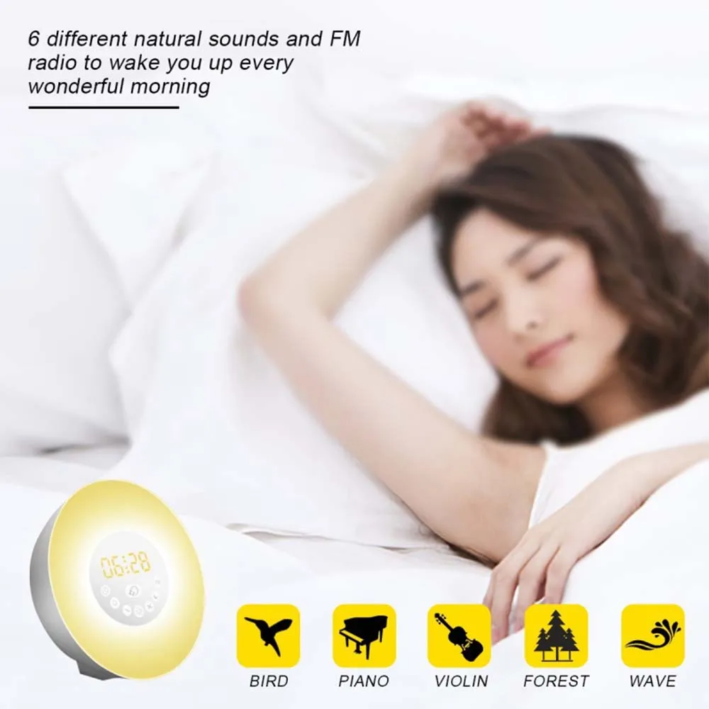 

Wake-Up Light Sunrise Simulation Alarm Clock Nature NightLight 5 Colors Atmosphere Lamp 3 Brightness Bedside Lamp