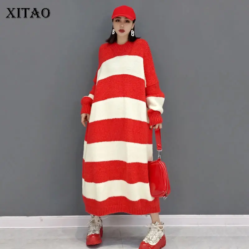 

XITAO Stripe Knitting Dresses Fashion New Contrast Color O-neck Pullover Casual Loose Long Temperament All-match Women JL0293