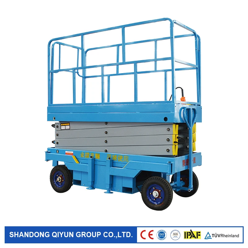 

Qiyun ce iso approved electrical drive mobile hydraulic manlift scissor lift 12m 14m lifter building cleaning lift