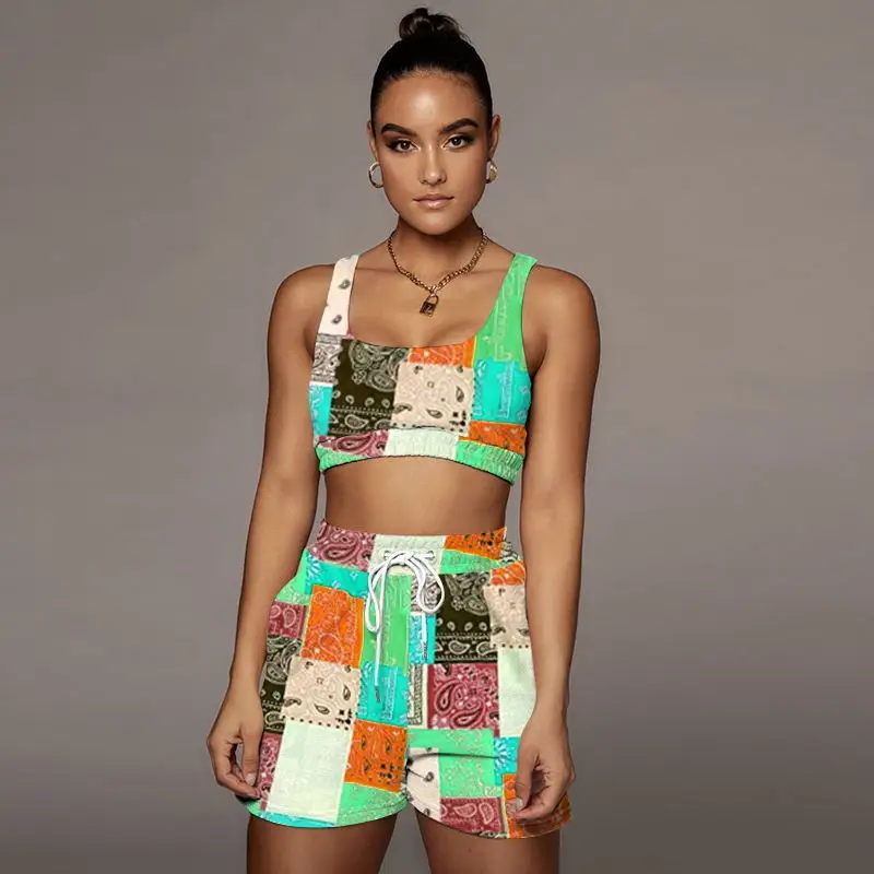 

2021 Women Sets Summer Tracksuits Sexy Casual Print Sleeveless Tank Tops+Shorts Suit Two Piece Set Beach Style Matching Set XXL