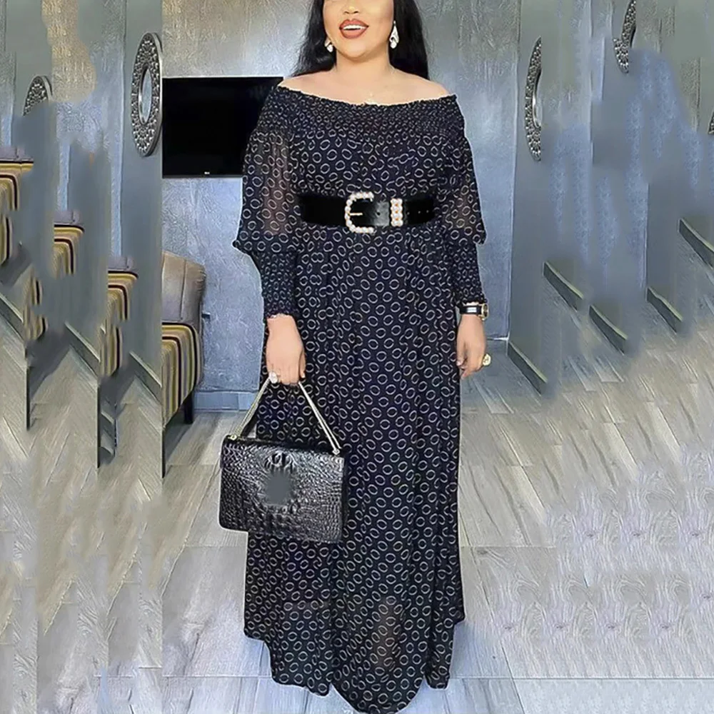 

Elegant Long Dress for Womens Slash Neck Full Sleeve High Waisted Floor Length Dot Printed Evening Night Party Vestidos Mujer