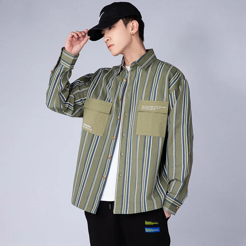 

Новинка Весна 2021 Мужская рубашка с длинным рукавом Корейская версия трендовая полосатая рубашка куртка мужская модная рубашка для инструм...