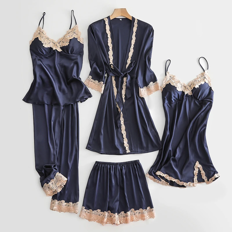 5PCS Pajams Set Lady Satin WEDDING Sleepwear Kimono Bath Gown Lace Trim Intimate Lingerie Casual Sleep Set Sexy V-neck Nightwear