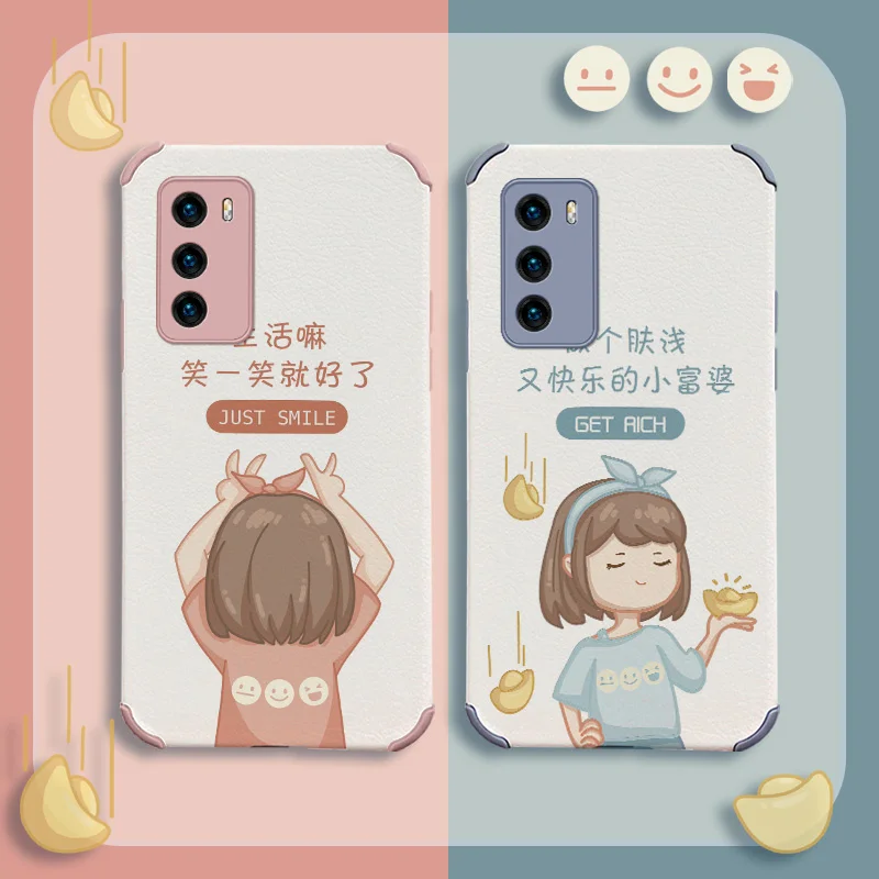 

Happy Rich Woman Case For Huawei P40 P30 P20 Pro Lite Mate 40 30 20 Pro lite 20X Y7a P Smart 2021 Lambskin Phone Cover