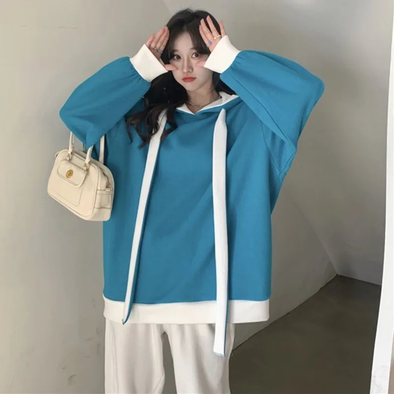 Женская осенне-зимняя Свободная рубашка контрастных цветов с капюшоном и