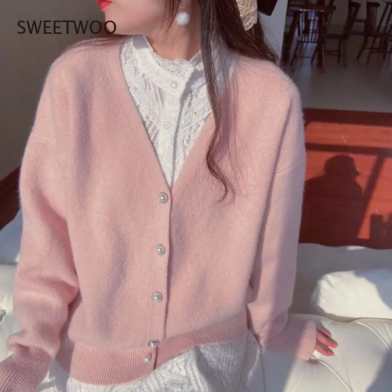

2021 Fall Women's Cardigan Sweater V-Neck Knitted Solid Color Single-Breasted Retro Pink Blue Ladies Top Fashion Casual