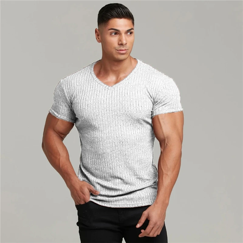 

Summer V Neck Short Sleeve T shirt Men Knitted Gym T-shirt Slim Fit Sports Tee Shirt Male Bodybuilding Fitness Workout Clothing