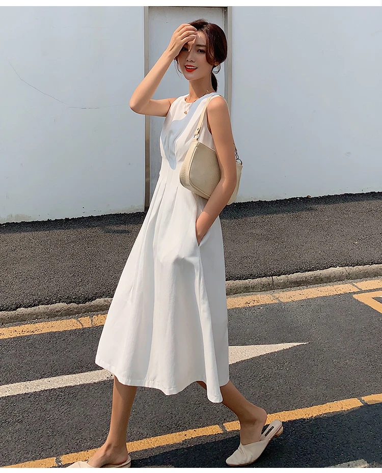 

Flare Sleeve Mid-Calf Empire Casual White Dress Summer 2020 White Dress A-Line Solid Sleeveless Black Dress
