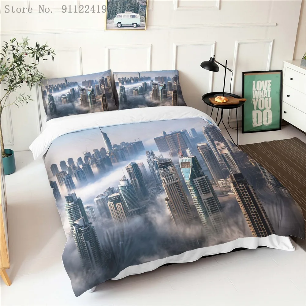 

Комплект постельного белья для взрослых, белье с принтом, пододеяльник с наволочкой, с изображением небоскребов, двойная кровать, Королевск...