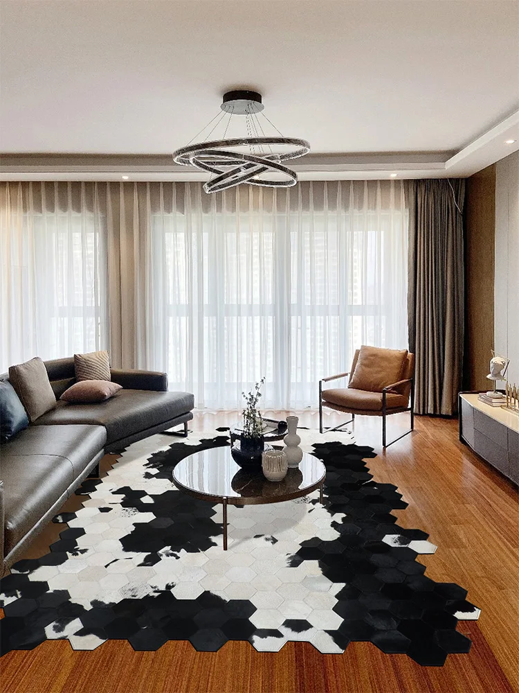 American style irregular shaped genuine cowhide skin fur patchwork rug real cows diamond plaid carpet villa | Дом и сад