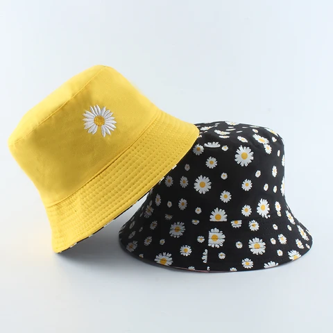 Панама женская хлопковая для пляжа, модная двухсторонняя шапка от солнца, с цветами, летняя шапка-Маргаритки