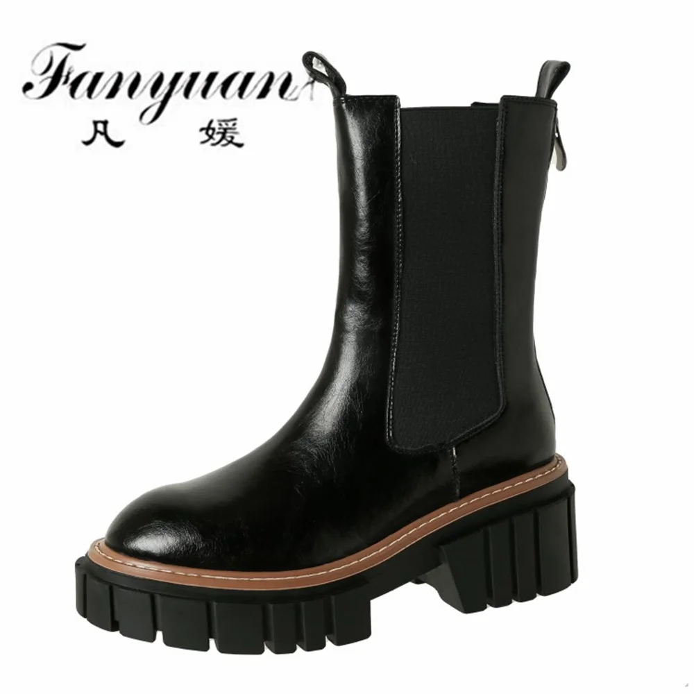 

Fanyuan 2021 New Arrival Autumn Winter Women Ankle Boots Splicing Genuine Leather Basic Round Toe Thick Heels Casual Shoes Woman