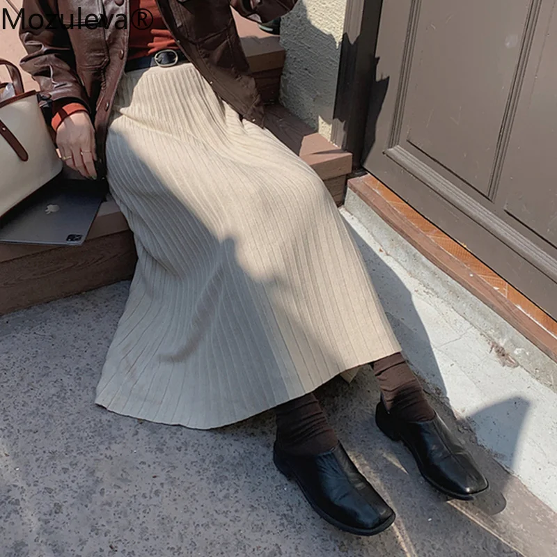 

Mozuleva Casual Belted High Waist Ladies Knitted Skirts Autumn Winter Loose Female A-line Skirts 2022