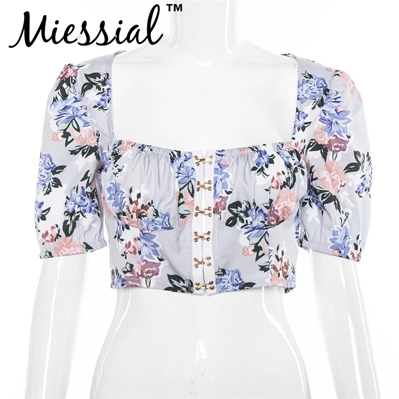 Женский укороченный топ с рукавами-фонариками и цветочным принтом Miessial зимний на
