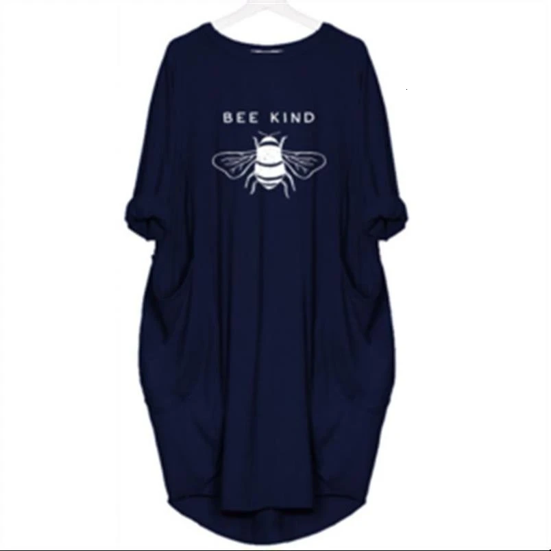 Women's Midi Dress Long Sleeve T Shirt Dresses Bee Kind Print Loose Pocket Casual Vintage Vestidos Robe Femme Autumn