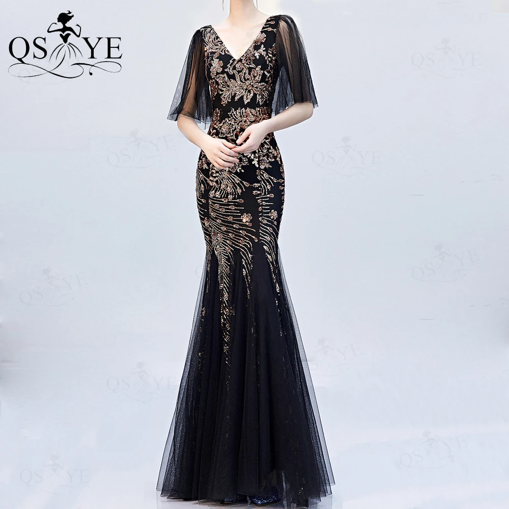 

QSYYE Black Evening Dresses Golden Lace Prom Gown with Sleeves Gold Appliques Party Dress Mermaid Sequin Lace Long Formal Gown