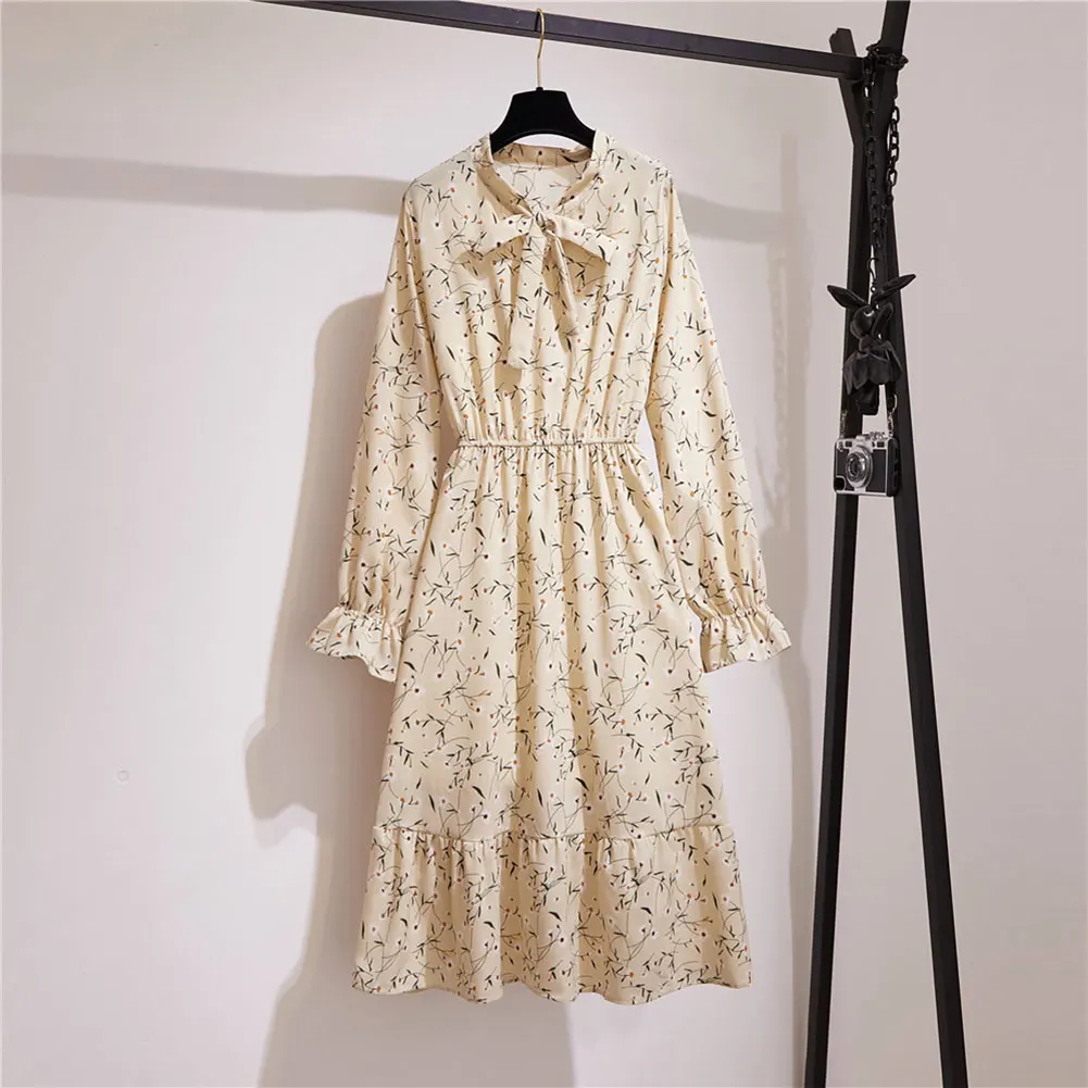 Женское шифоновое платье с цветочным принтом длинным рукавом и бантом высокой