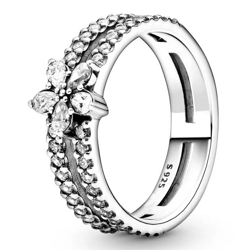 

Original Sparkling Snowflake With Crystal Double Ring For 925 Sterling Silver Ring Women Party Gift Europe DIY Jewelry