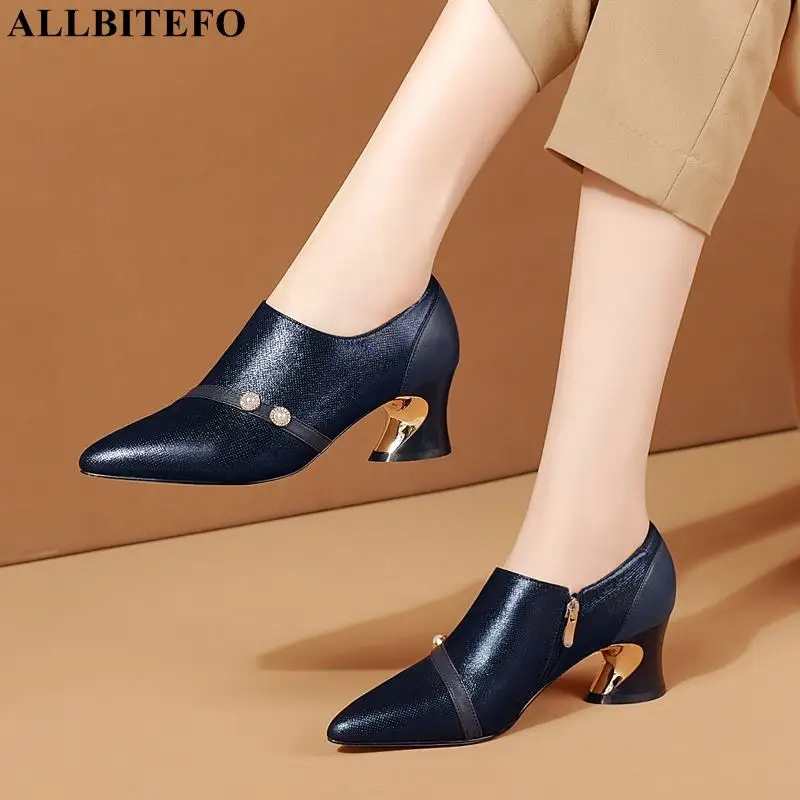 

ALLBITEFO Size 33-42 Classic Blue Pointed Toe Sheepskin Genuine Leather High Heel Shoes Fashion Party Wedding Women Heels Shoes