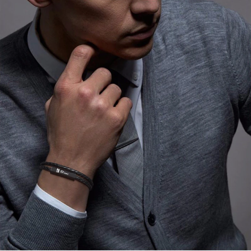 Мужской плетеный кожаный браслет из нержавеющей стали с гравировкой двойной