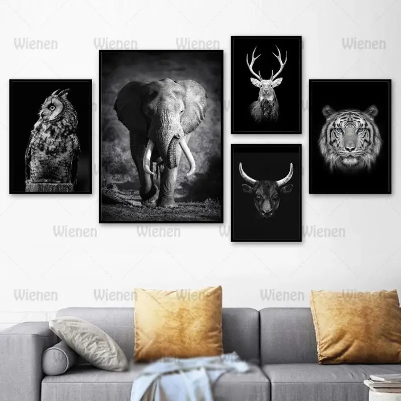 

Animals Canvas Painting Nordic Elephant Owl Cow Deer Tiger Black White Wall Art Posters and Prints Art Pictures for Living Room