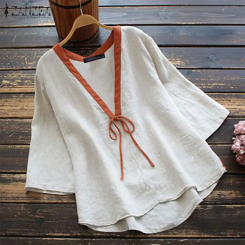 

Летняя блузка с V-образным вырезом и рукавом 3/4, винтажные женские топы ZANZEA, Повседневная Свободная рубашка, Женская Лоскутная Туника на шнур...