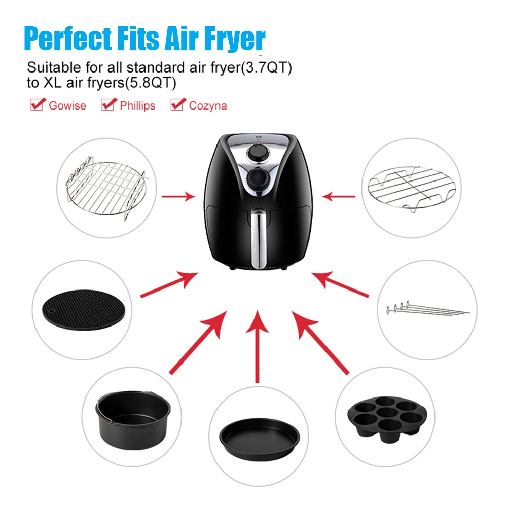 

12Pcs Air Fryer Accessories Set for Gowise Phillips Cozyna Secura Fit 6/7/8''for Airfryer 3.5QT-7.2QT-up Kitchen Cooking Tool
