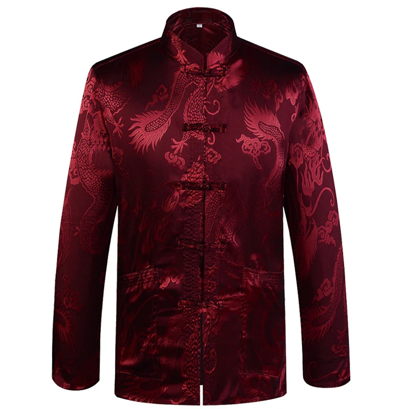 Chinese Traditional Men's Satin Mandarin Collar Dragon Silk Tang Suit Clothing Kung Fu Jacket Coat