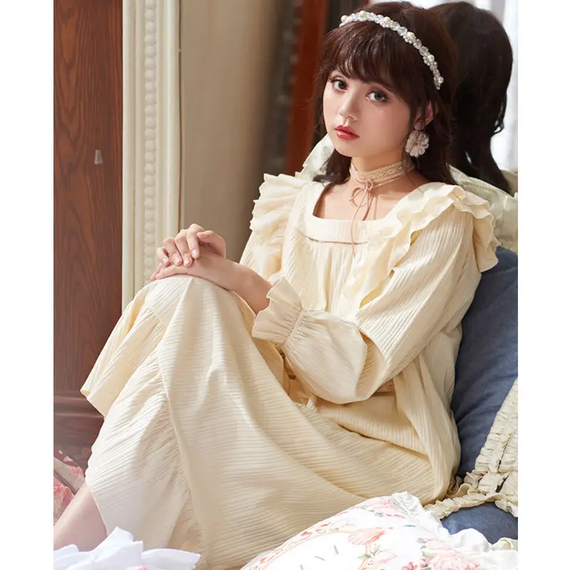 

Nightdress women's cotton sleeve knee length court pajamas women's long skirt home wear