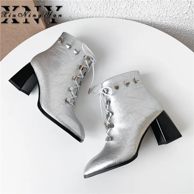 Женские ботильоны Xiuningyan с острым носком на высоком массивном каблуке зеркальные