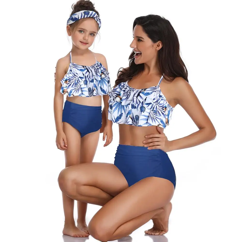 

Family Swimwear Women Halter Ruffles Bikini High Waist Swimsuit 2 Piece Set Biquini Swimming Suit Mother Daughter Bathing Suits