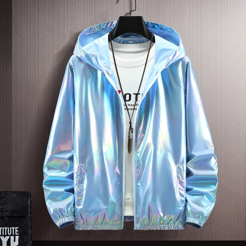 

Shiny Hooded Sun Protection Clothing Summer Glossy Thin Jacket Men Fashion Street Waterproof Windbreaker Coat Outerwear Male 5XL