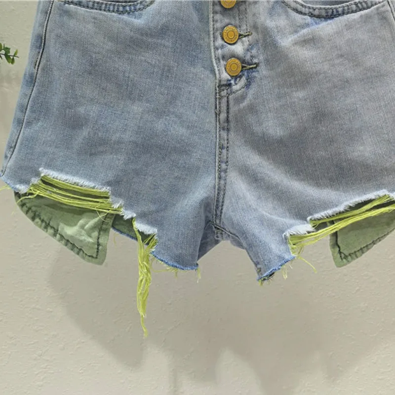 

Shorts Women Plus Size 5XL Denim Patchwork Hole Wide Button Fur-line Leg High Waist Daily Summer Short Students Womens All-match