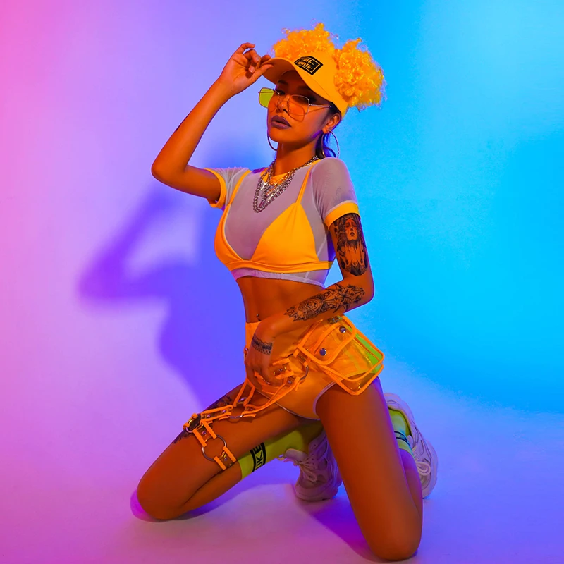 Для танцев на шесте Костюмы комплект для женщин желтый Gogo одежда танцоров джаза