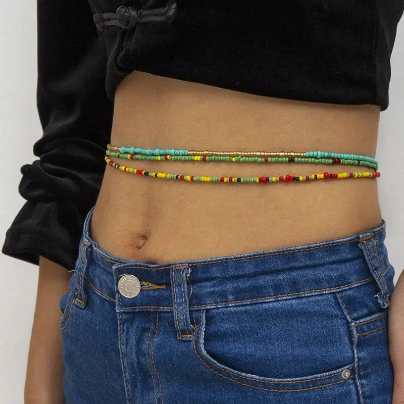 

7Pcs Bohemia Double Strand Bead Belly Chains Summer Bikini Stretchy Multi-Colors Beaded Belly Waist Chain Body Jewelry