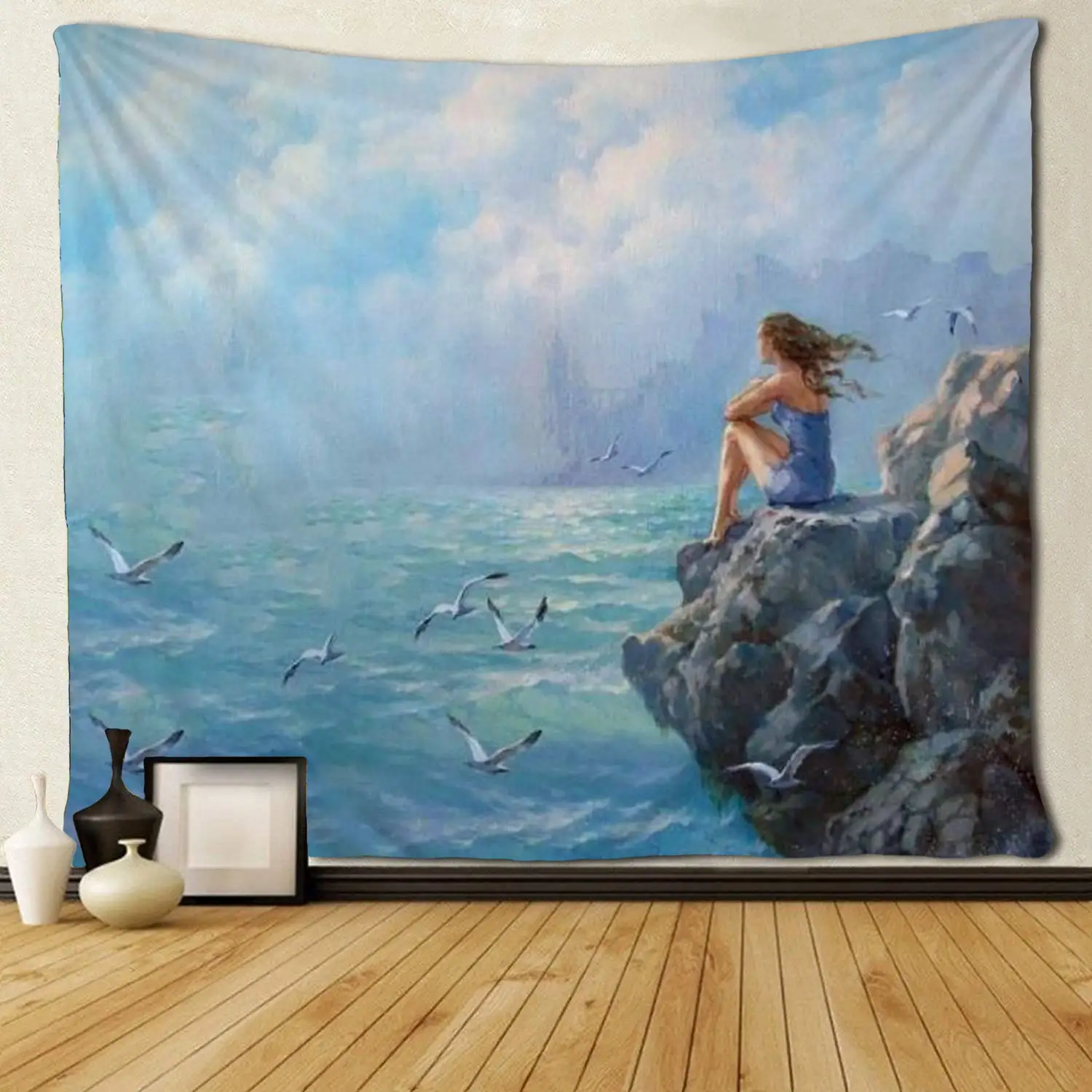 

На заказ голубое небо белые облака море девушка и Чайка гобелены уникальное искусство