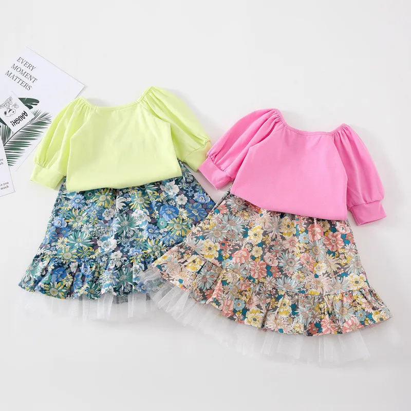 

2020 New Spring Autumn Girls' Clothing Set Puff Sleeve Solid Tshirt And Floral Skirt Two-piece Set Children Clothes Kids Sets