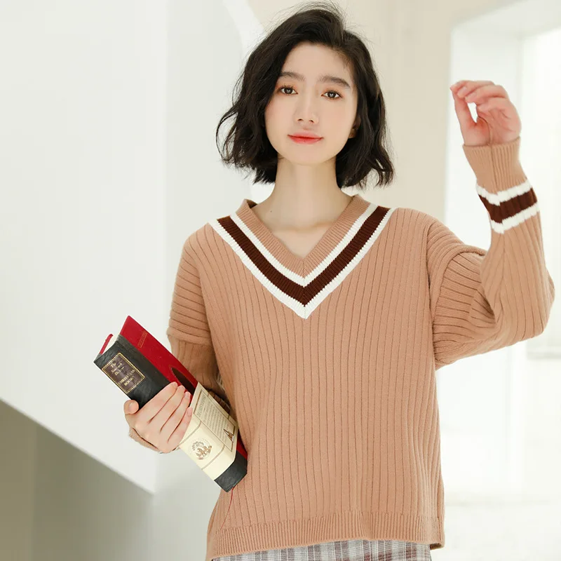 

Winter Women Korean Preppy Style Knitted Basic Sweater Pullover women Casual Long Sleeve Beige Sweater Jumpers Tops Outerwear